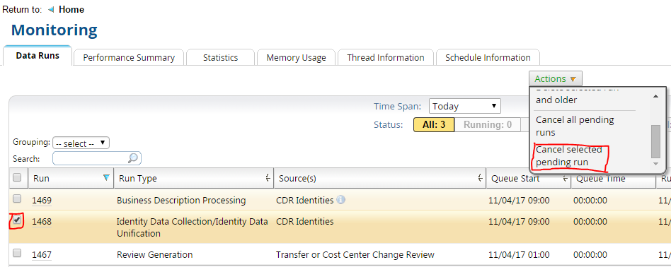 Cancel selected pending run