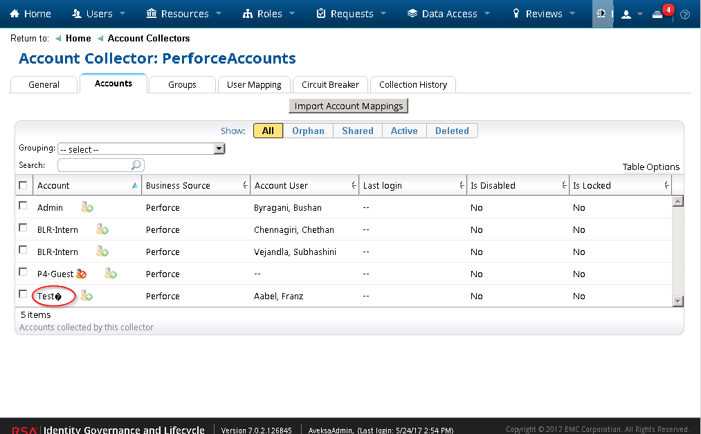 Notice the question mark with black background in the account column.