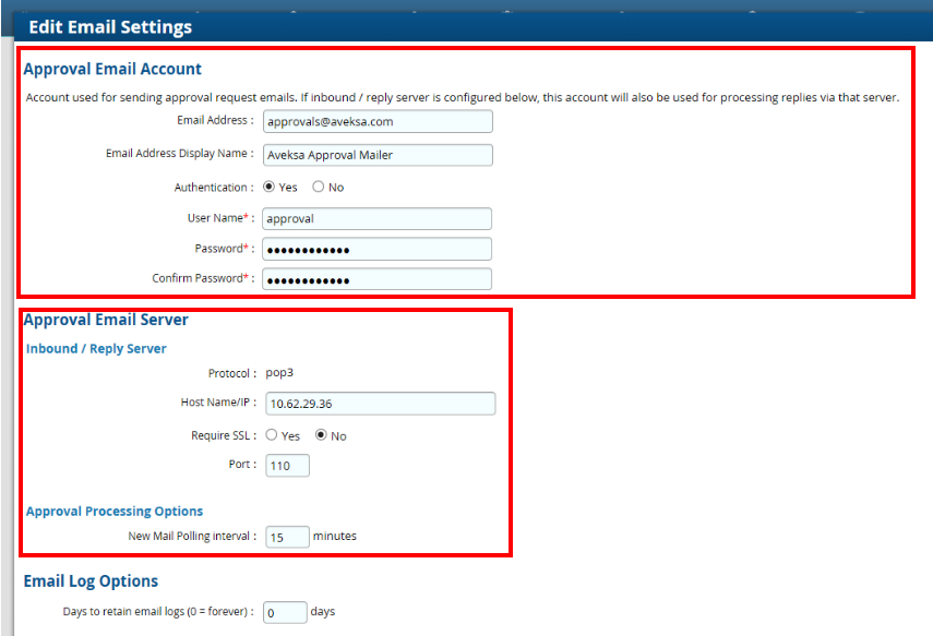 Approval Email Settings