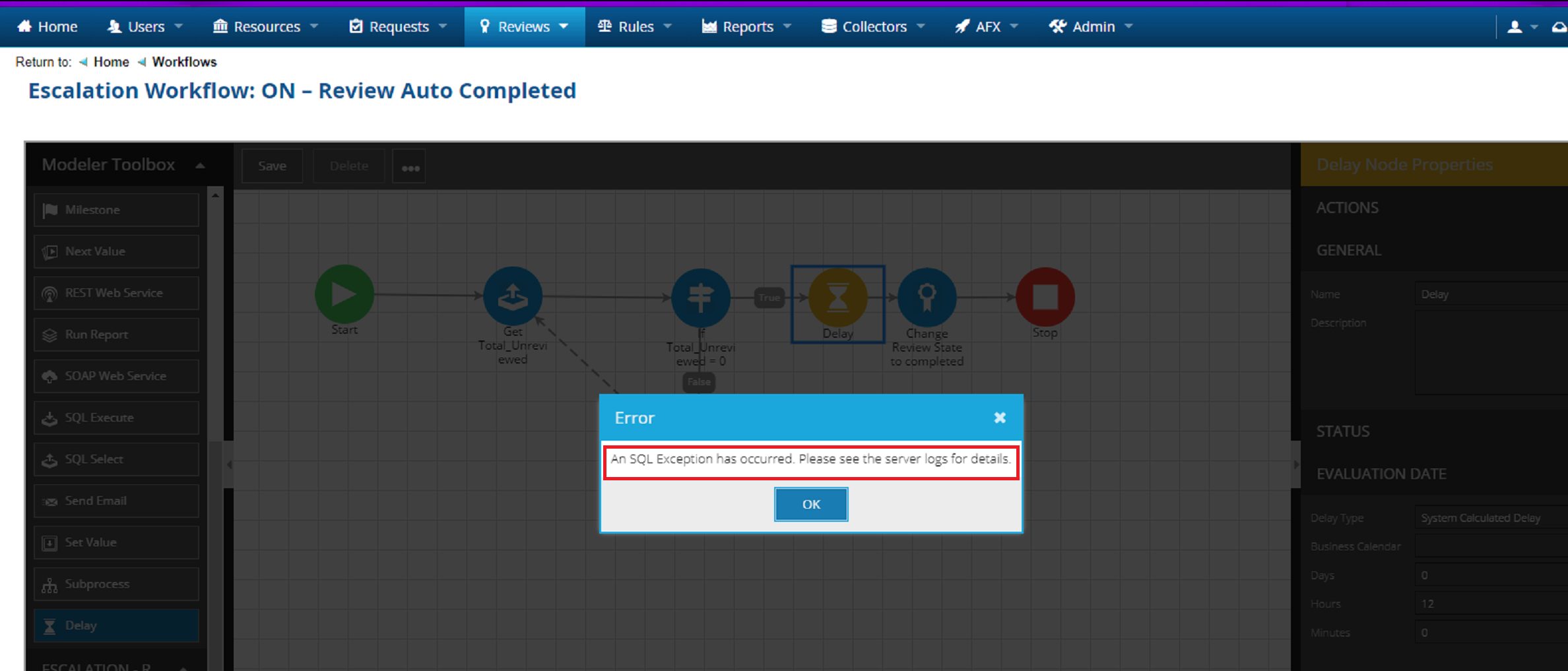 SQL Exception after adding Delay node