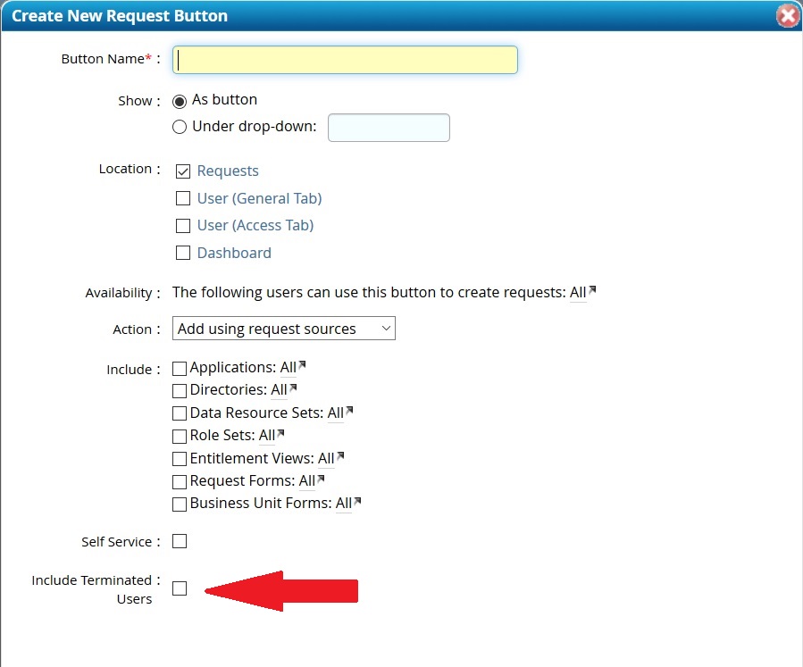 Create New Button showing "Include Terminated Users"
