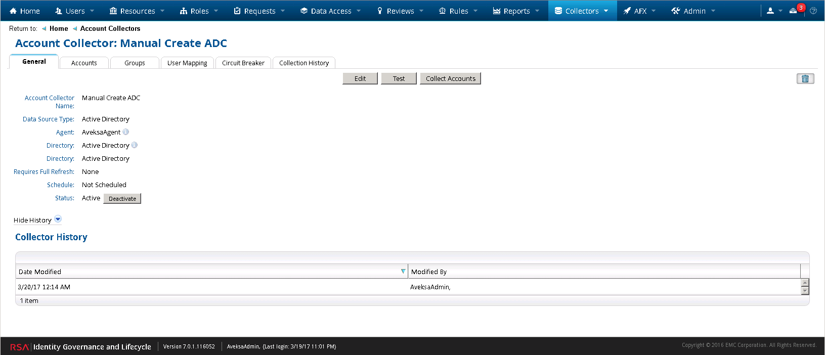 This shows the history for a new collector "Manual Create ADC".