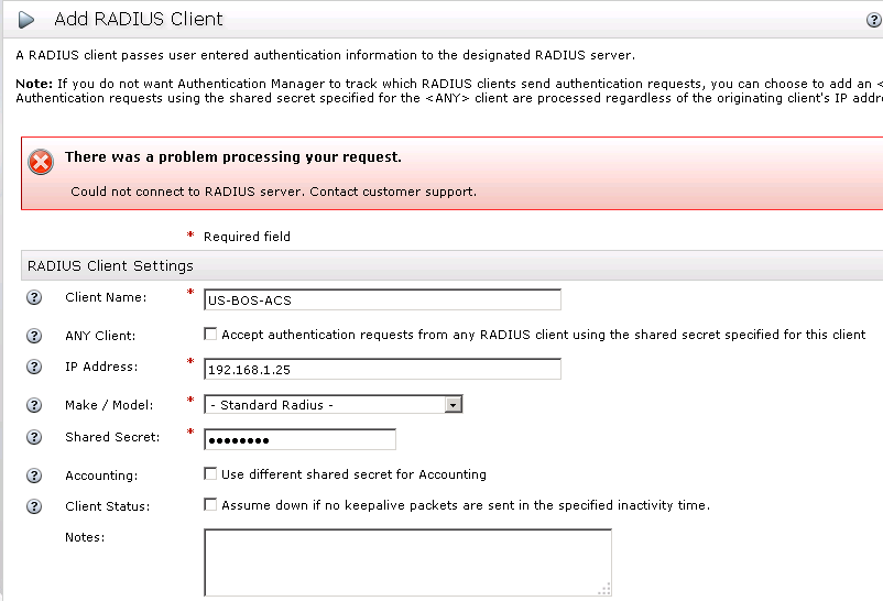Could not connect to RADIUS server