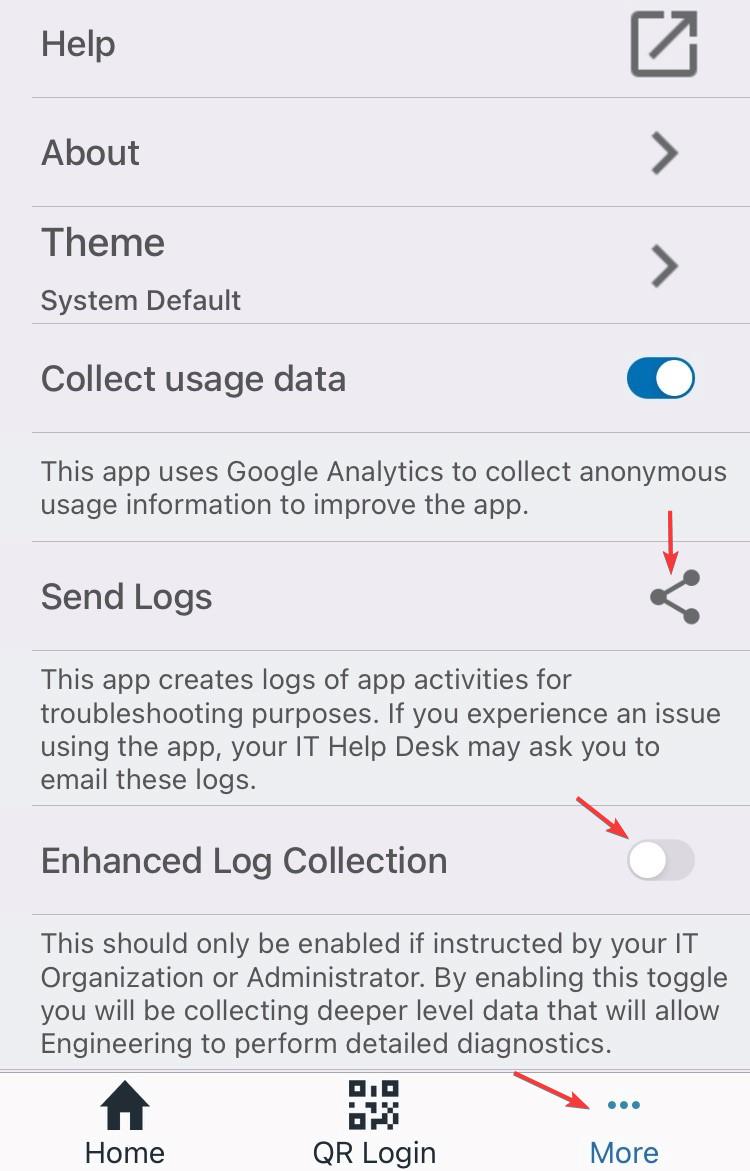 iOS Send Logs with Enhanced Logging toggled off again