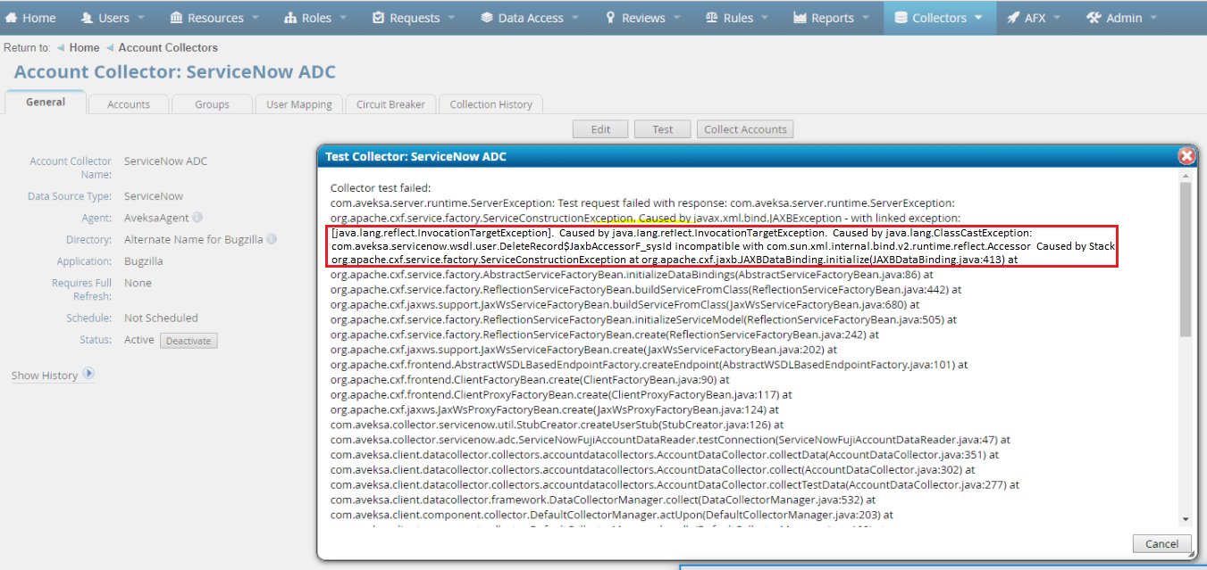 ServiceNow collector failed