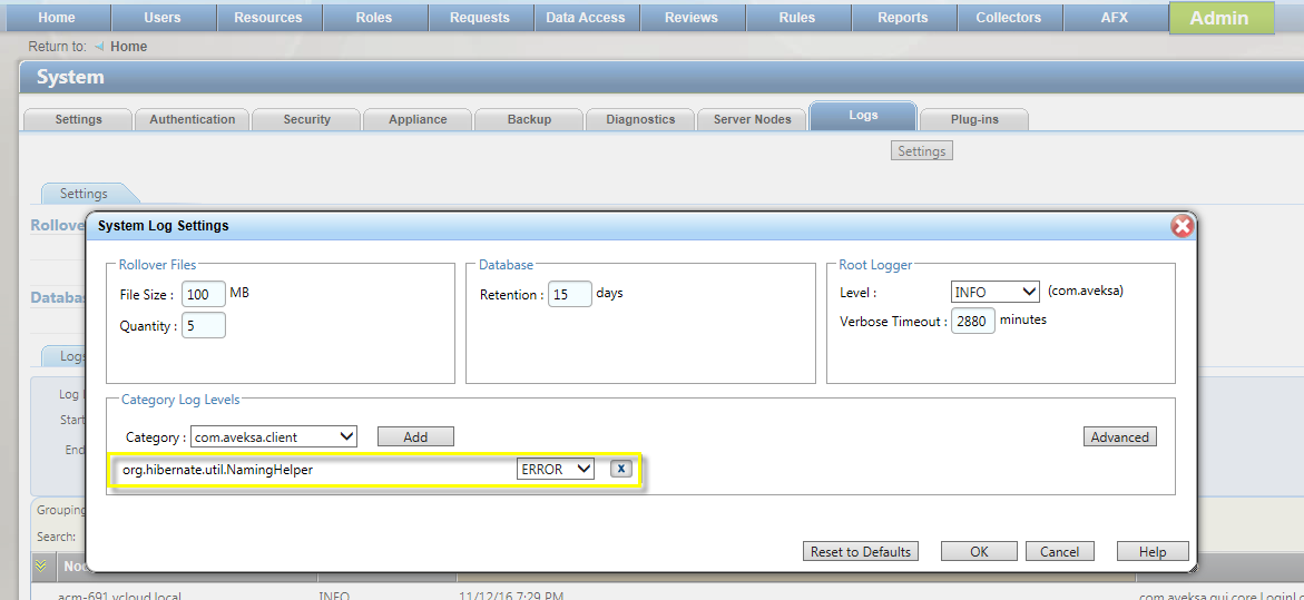 Change logging setting