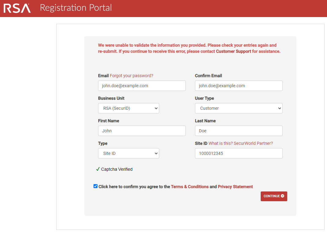 Unable to Validate error on the Registration Portal