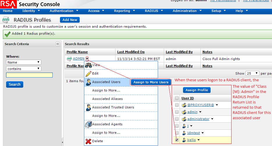 RADIUS Profile Associated Users