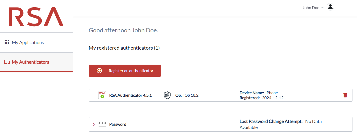 The full My Authenticators page after authenticating