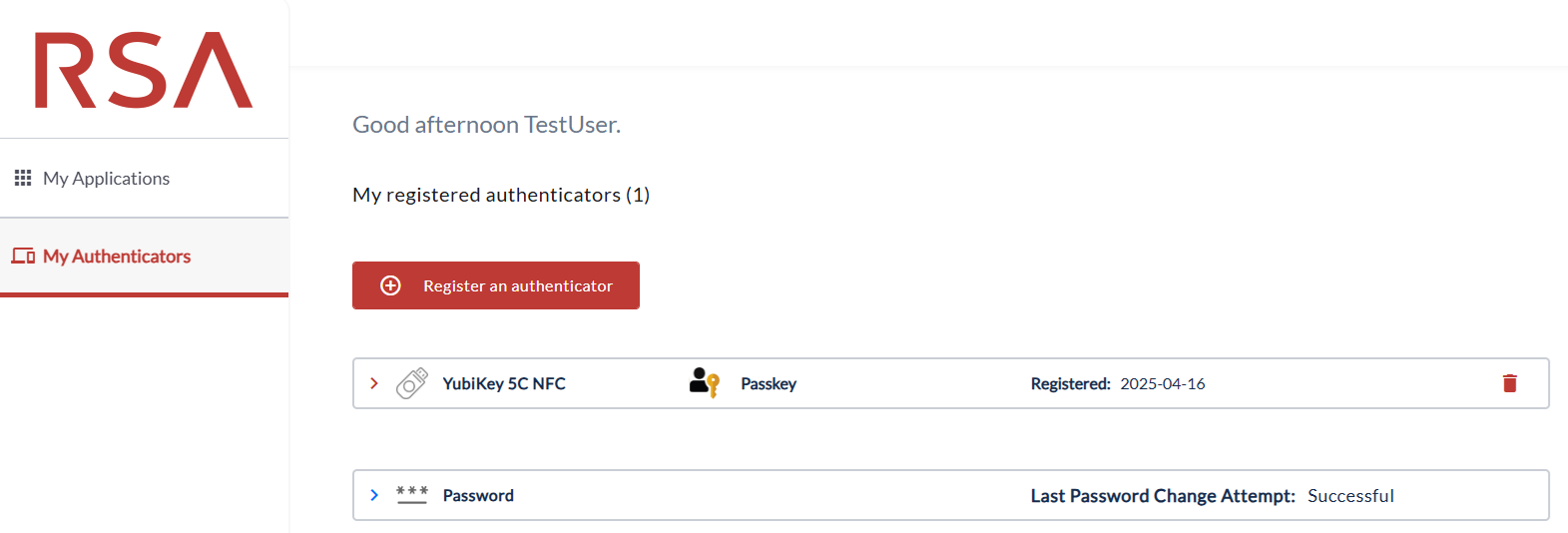 The My Authenticators page with the registered authenticator