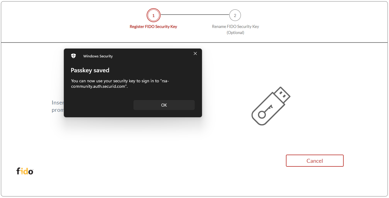 Dialog window stating that the passkey has been saved
