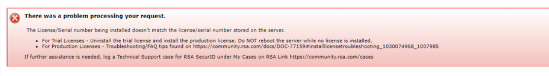 Error installing license: The License/serial number being installed does not match the license/serial number stored on the server.