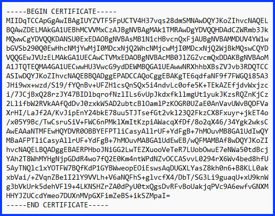 Example PEM format certificate as it appears in Windows Notepad