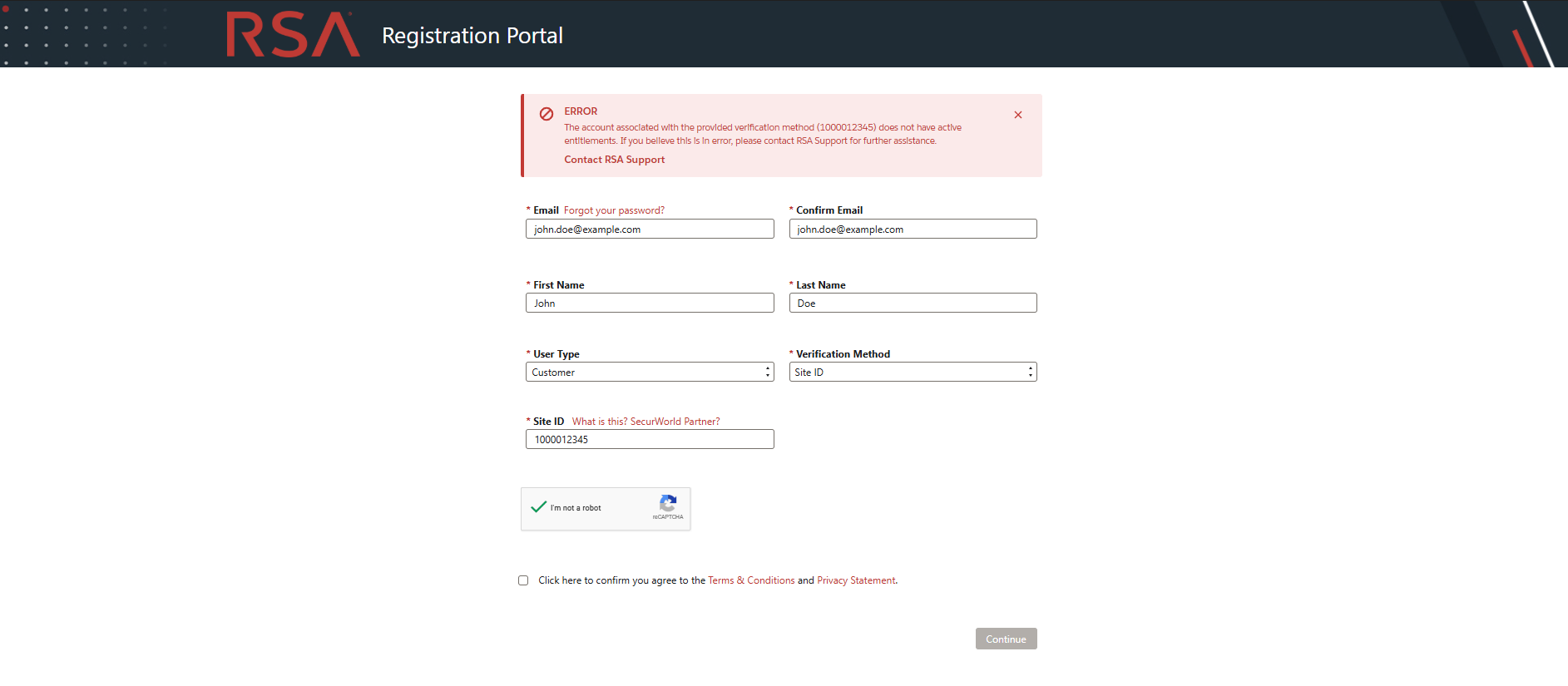 Unable to Validate error on the Registration Portal