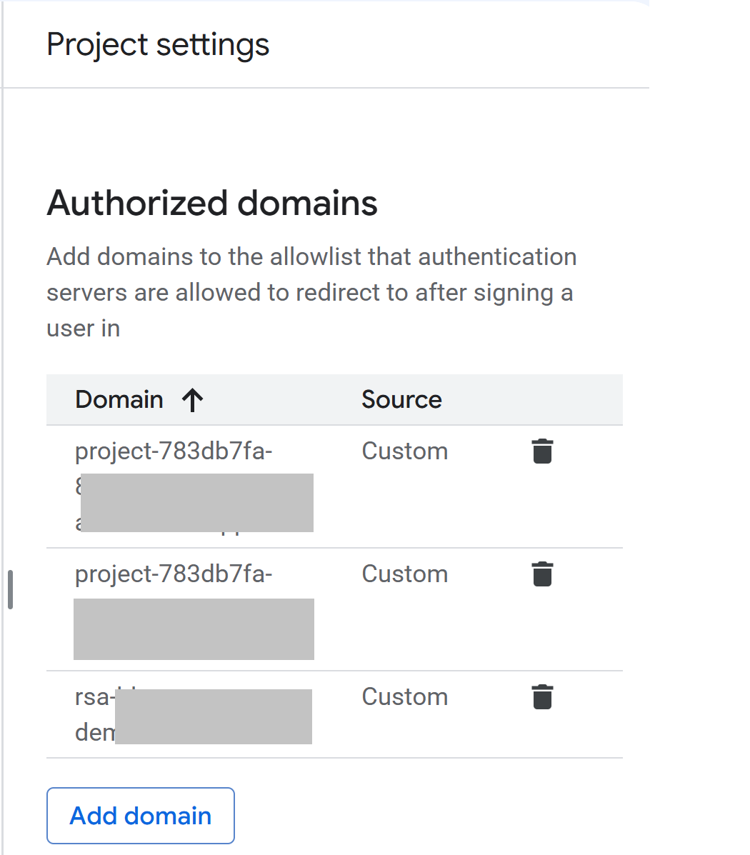 Google Cloud Identity Platform Authorized domains section with Add domain available
