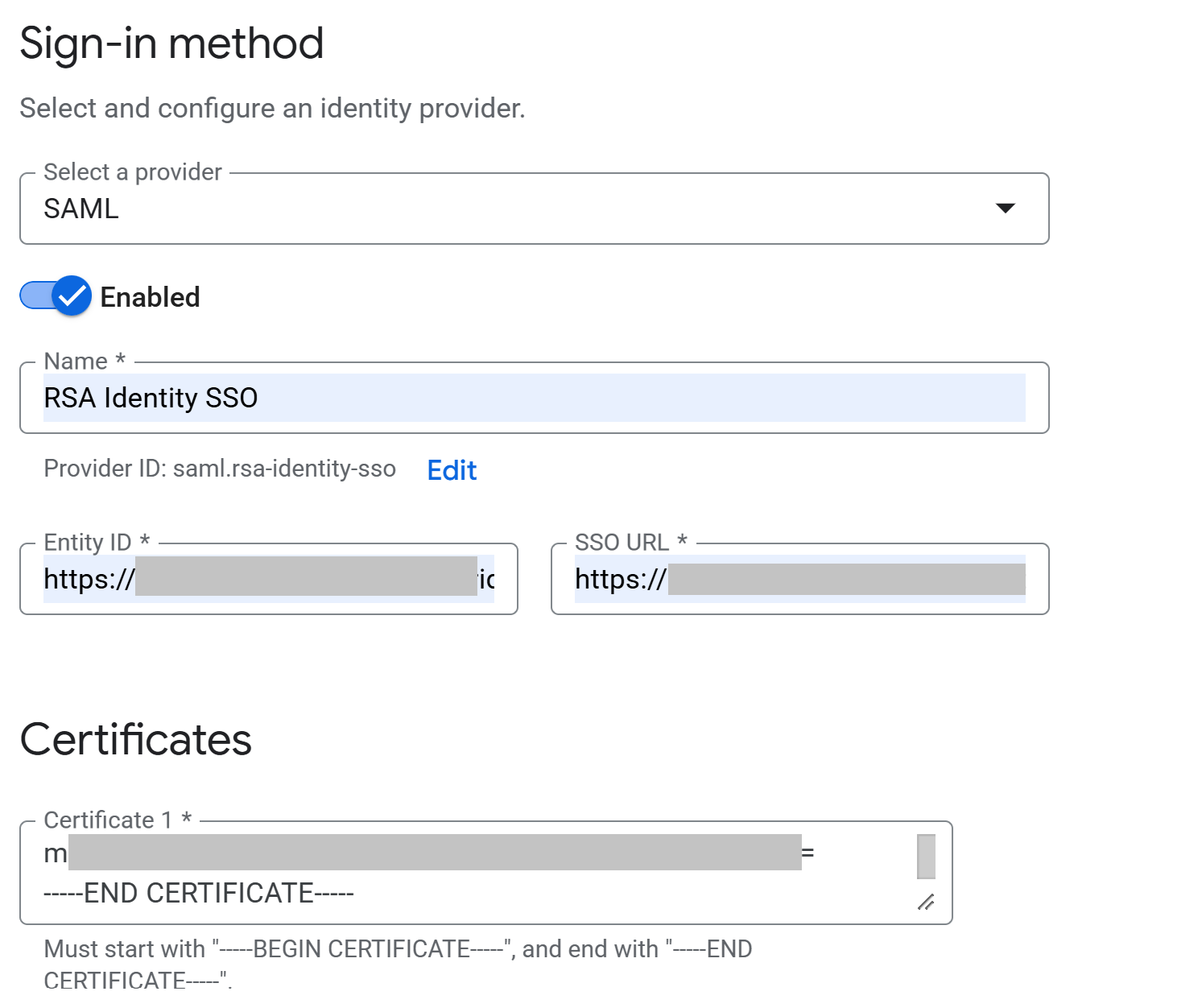 Google Cloud Identity Platform SAML provider settings for RSA