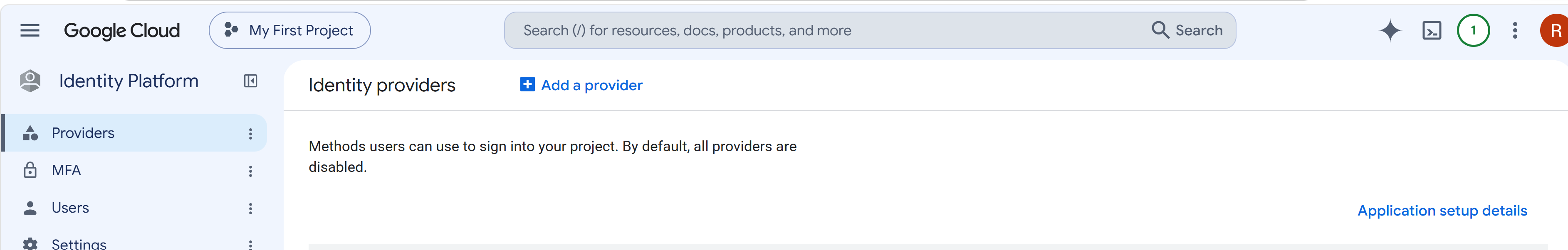Google Cloud Identity Platform Providers page with Add a provider available