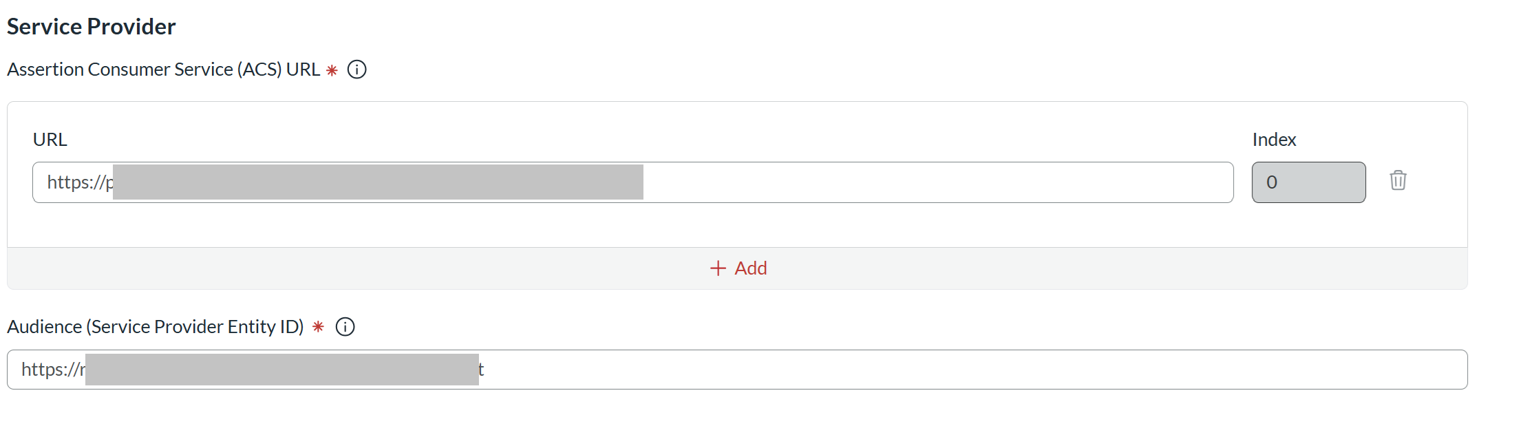RSA Service Provider settings with the ACS URL and audience