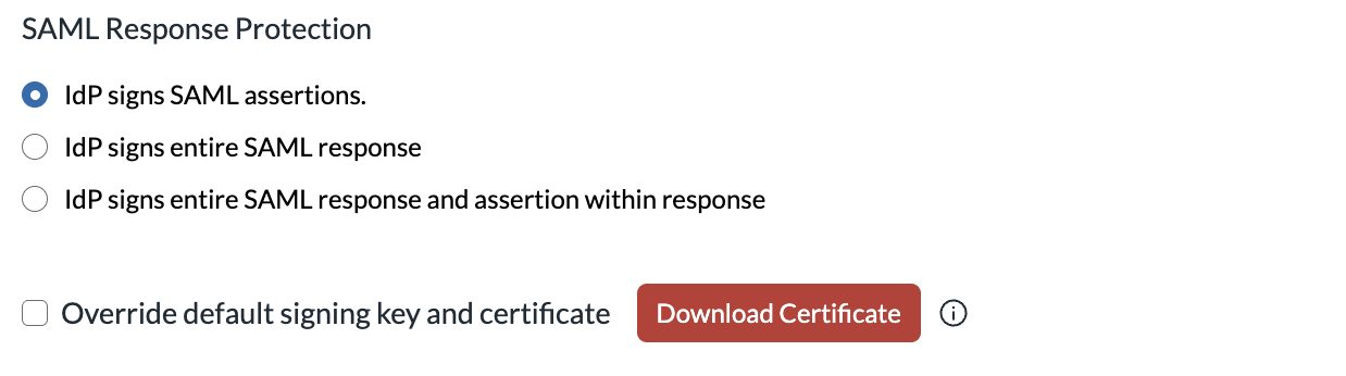 RSA SAML Response Protection settings with IdP signs SAML assertions selected