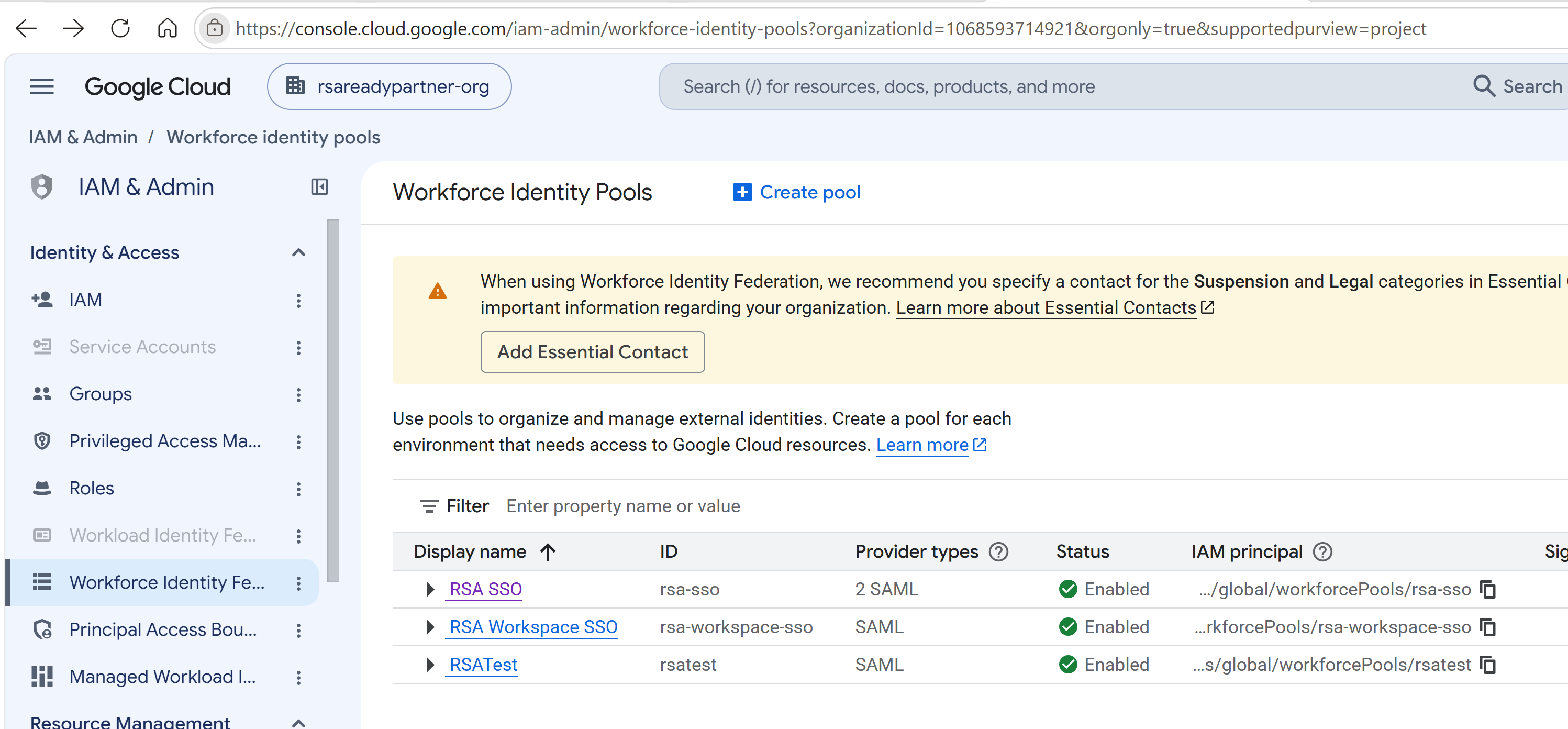Google Cloud Workforce Identity Pools page with Create pool available