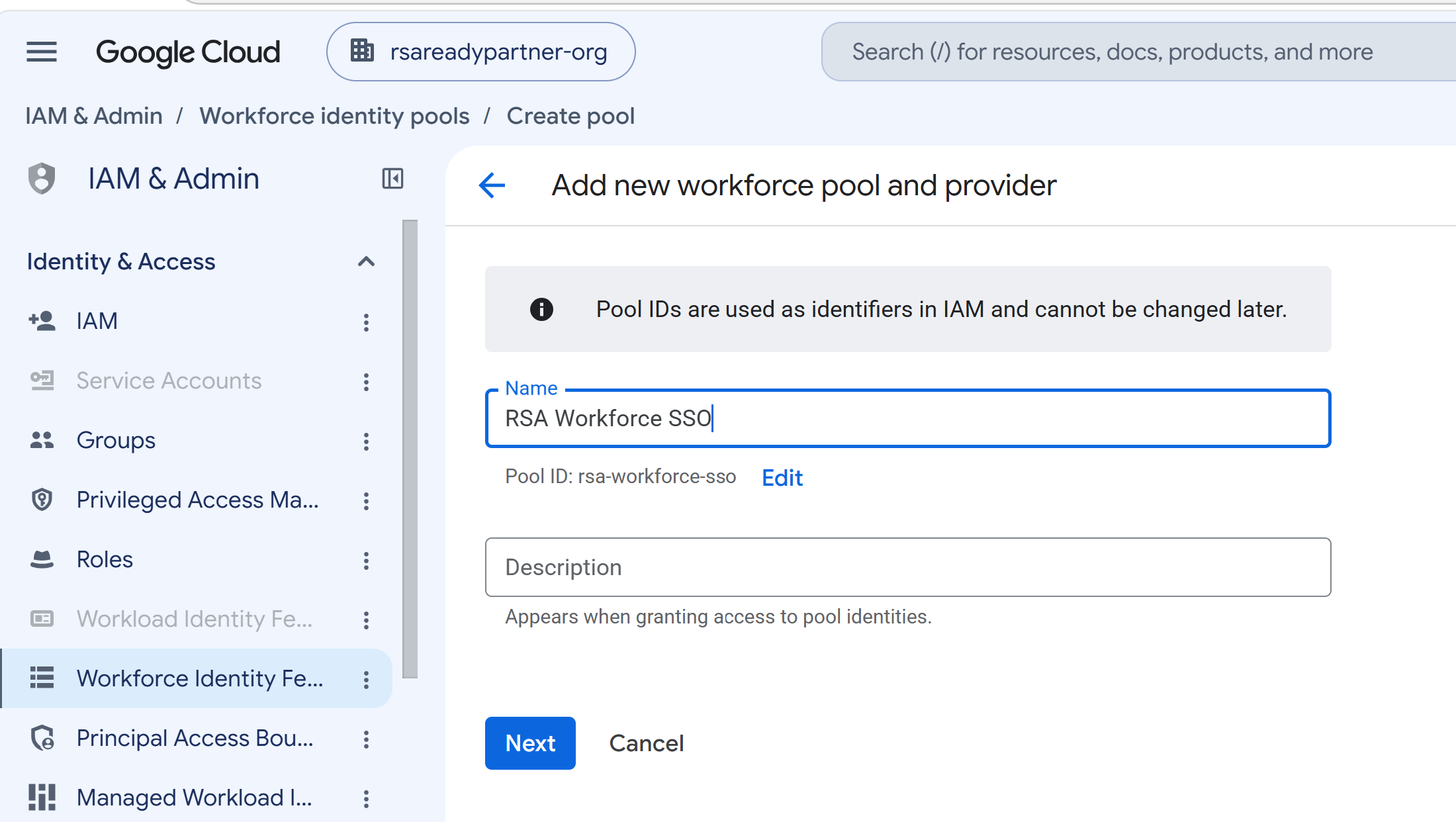 Google Cloud page for creating a workforce identity pool