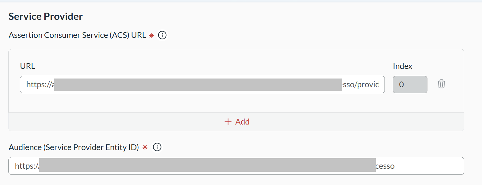 RSA Service Provider settings with the Workforce Identity redirect URI and entity ID